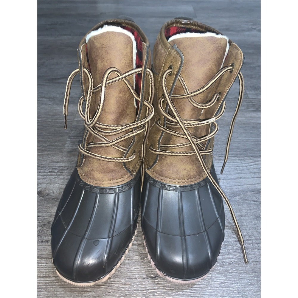 Madden Girl Duck Boots Womens 7.5 Black Brown Rain Ankle Boots LACEE01J1
